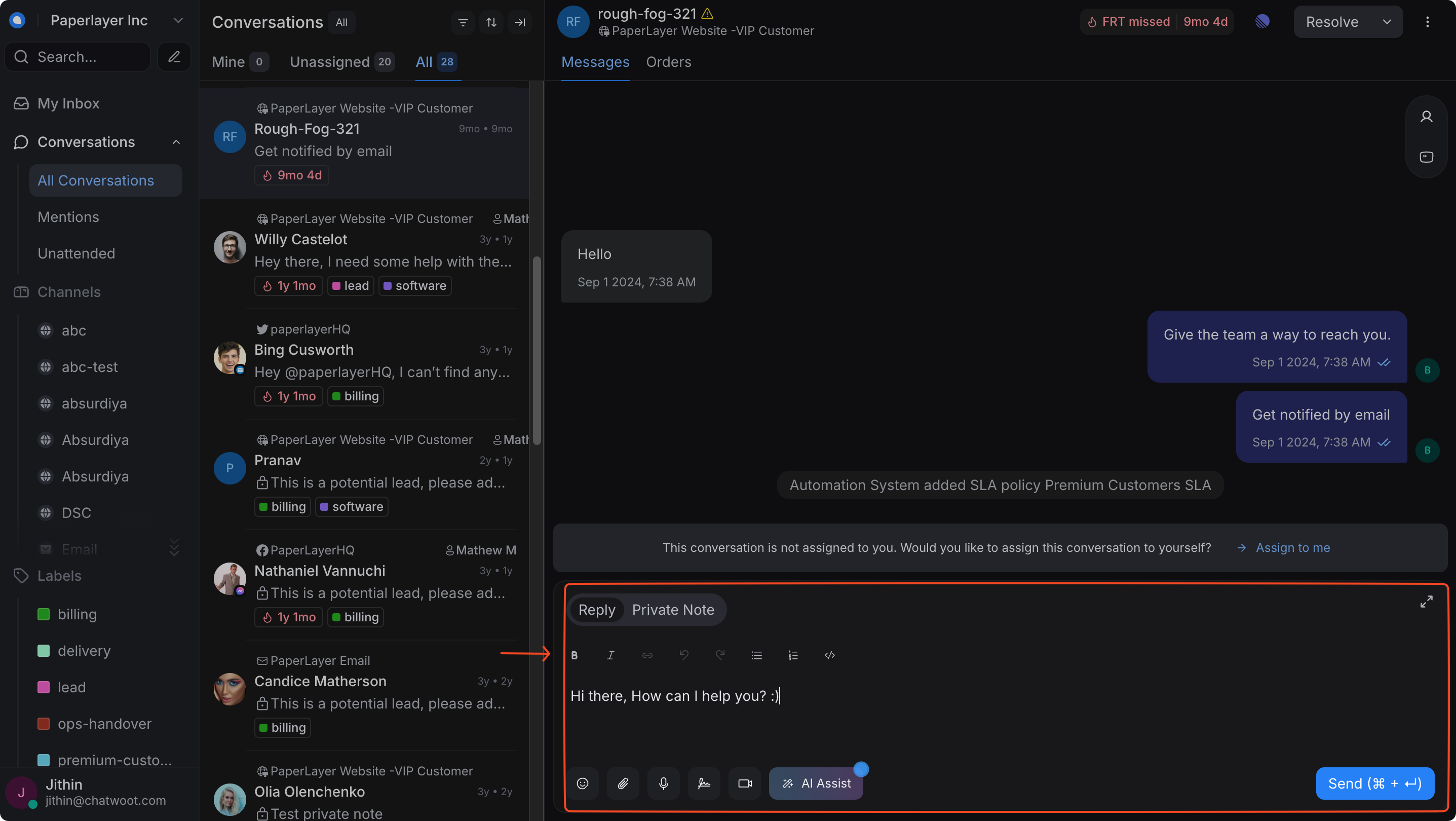 Workspace DialogHere com resposta em uma conversa